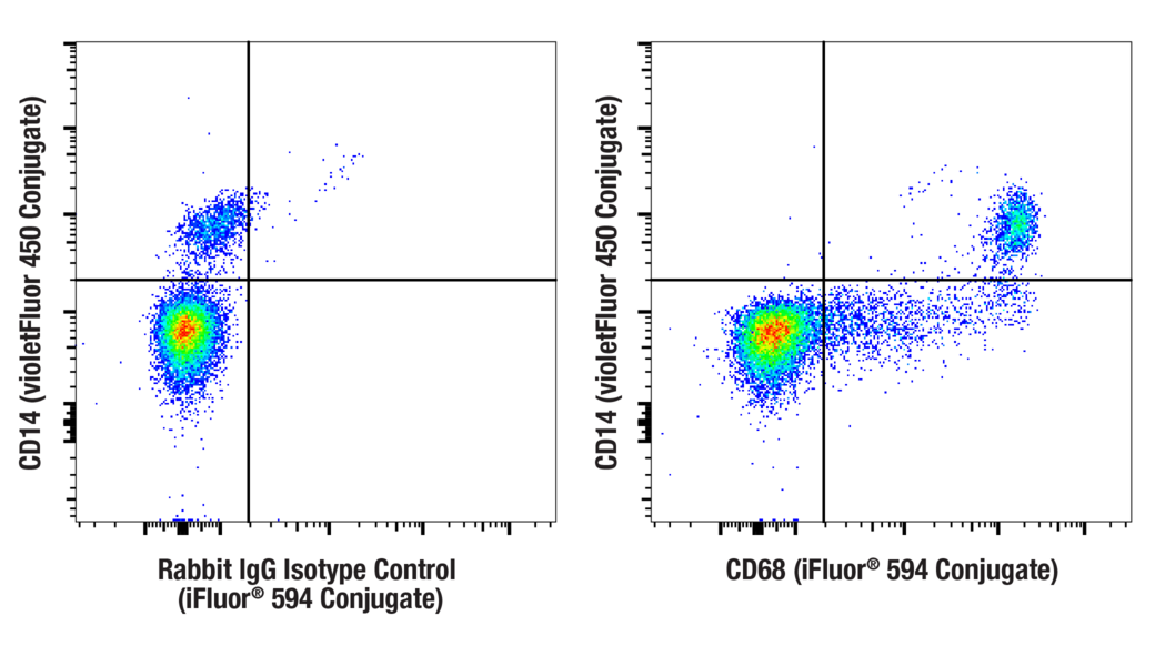 Flow cytometric analysis of fixed/permeabilized human peripheral blood mononuclear cells using CD68 (D4B9C) XP® Rabbit mAb (iFluor® 594 Conjugate) (right) compared to concentration-matched Rabbit (DA1E) mAb IgG XP® Isotype Control (iFluor® 594 Conjugate) #94999 (left), co-stained with CD14 (61D3) Mouse mAb (violetFluor 450 Conjugate) #82944.