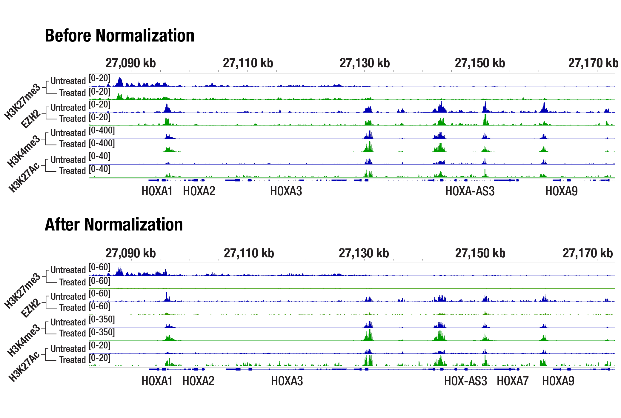 H3K4me3 sequencing CUT&Tag analysis of MCF7 cells showing reduced H3K27me3 and EZH2 binding across the HOXA gene cluster after Tazemetostat treatment, with unchanged or increased H3K4me3 and H3K27Ac signals.results for ChIP-seq, CUT&RUN, and CUT&Tag