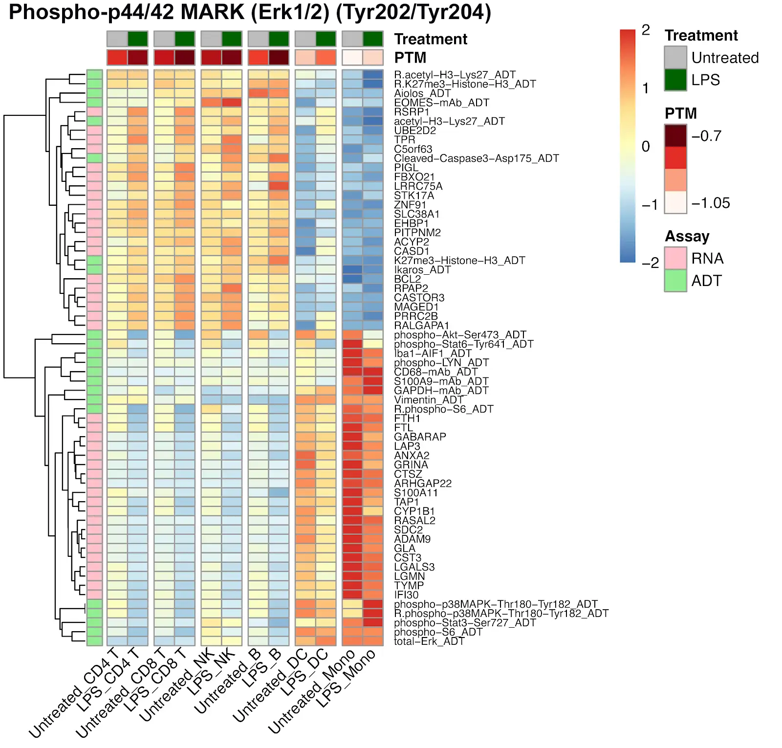 Phospho-Stat3 (Ser727) heatmap showing PTM levels correlated with RNA and protein and Phospho-p44/42 MARK (Erk1/2) (Tyr202/Tyr204) heatmap showing PTM levels correlated with RNA and protein.